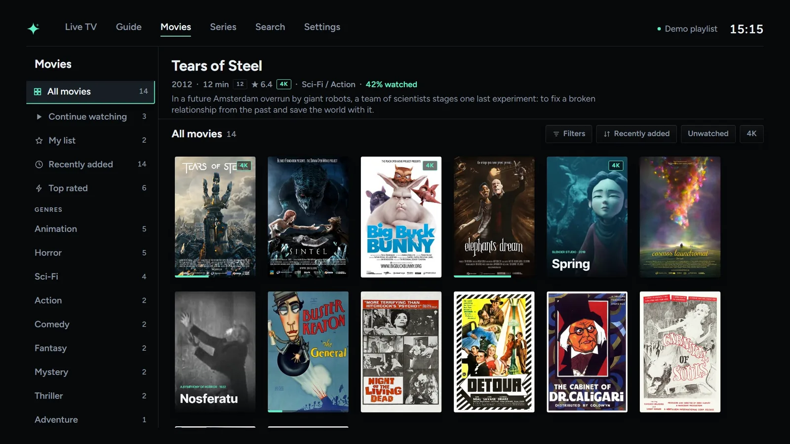 glintv movies: categories on the left and a wall of film posters