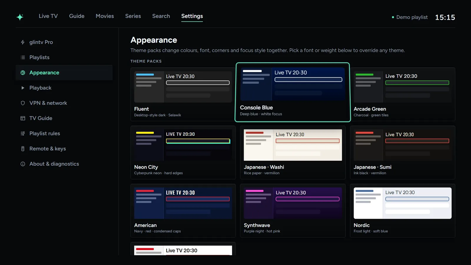 Settings, Appearance: a grid of glintv theme packs