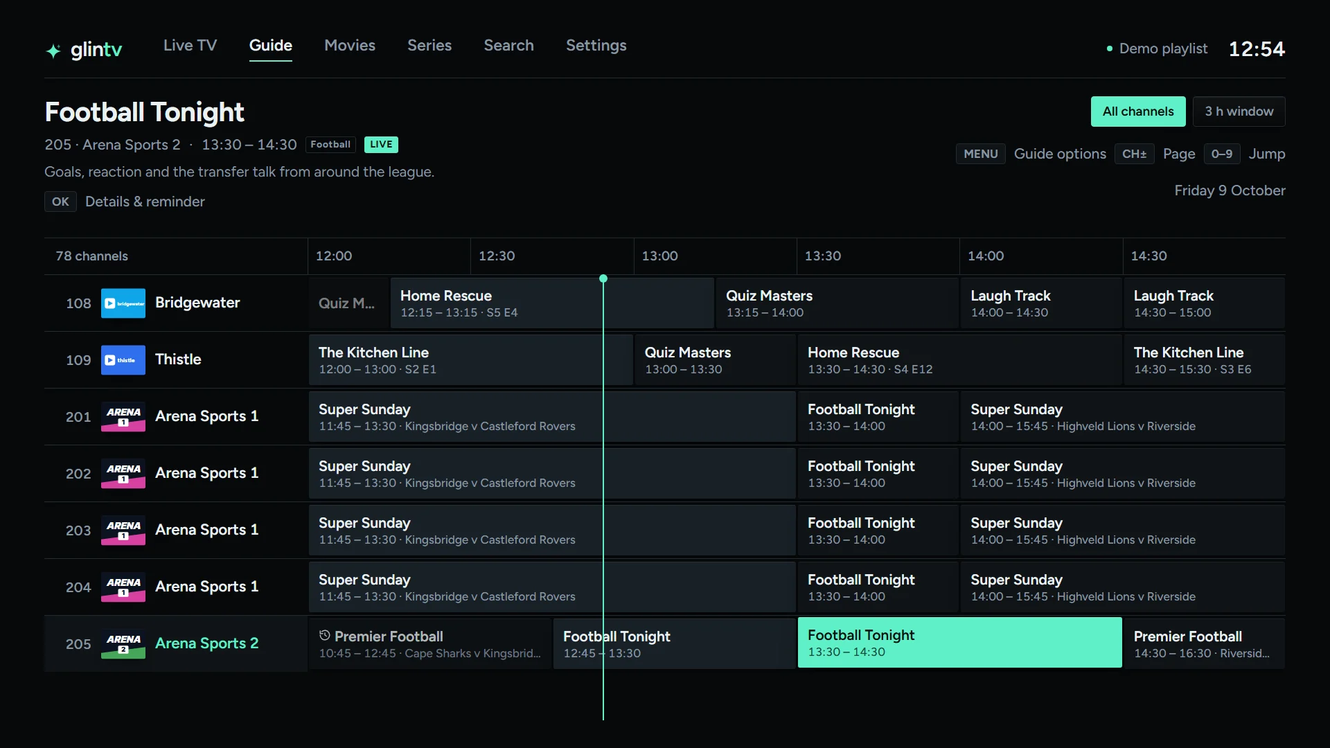 glintv TV guide: channels down the side, programmes across a two-hour time ruler, with programme details at the top
